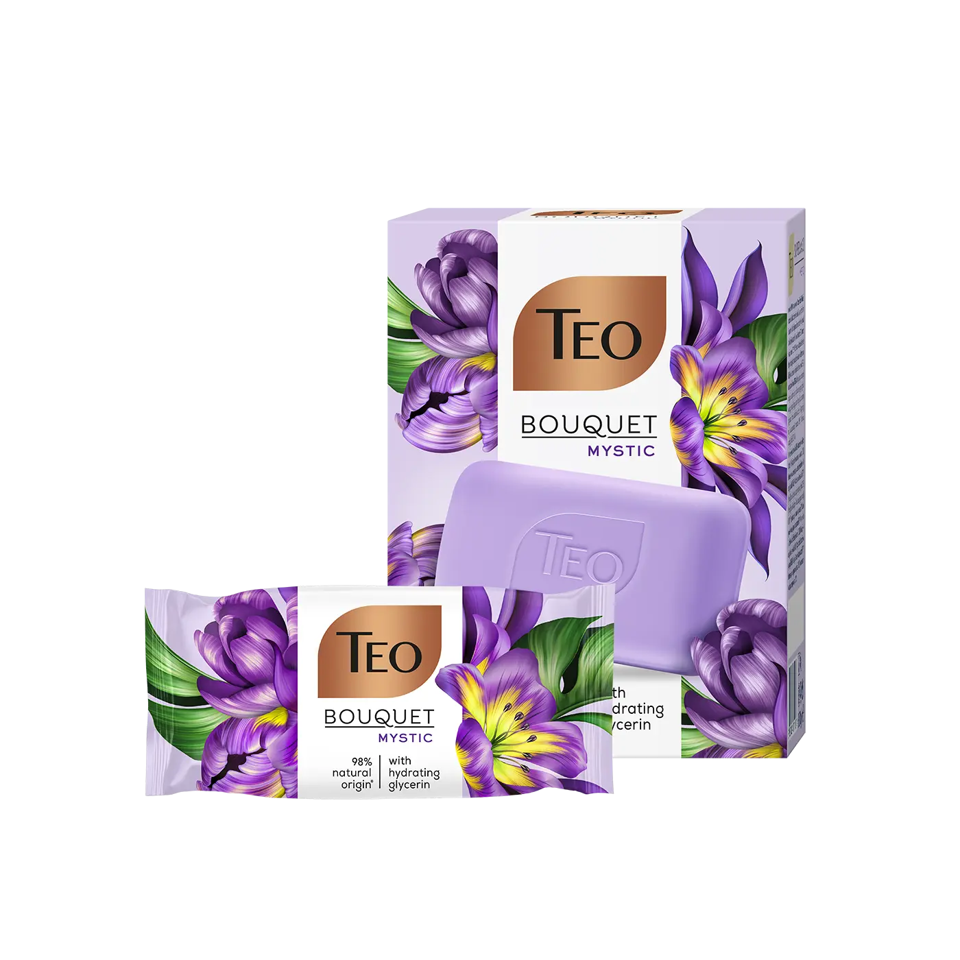 Teo Bouquet Mystic soap bar and boxed soap with purple floral illustrations.